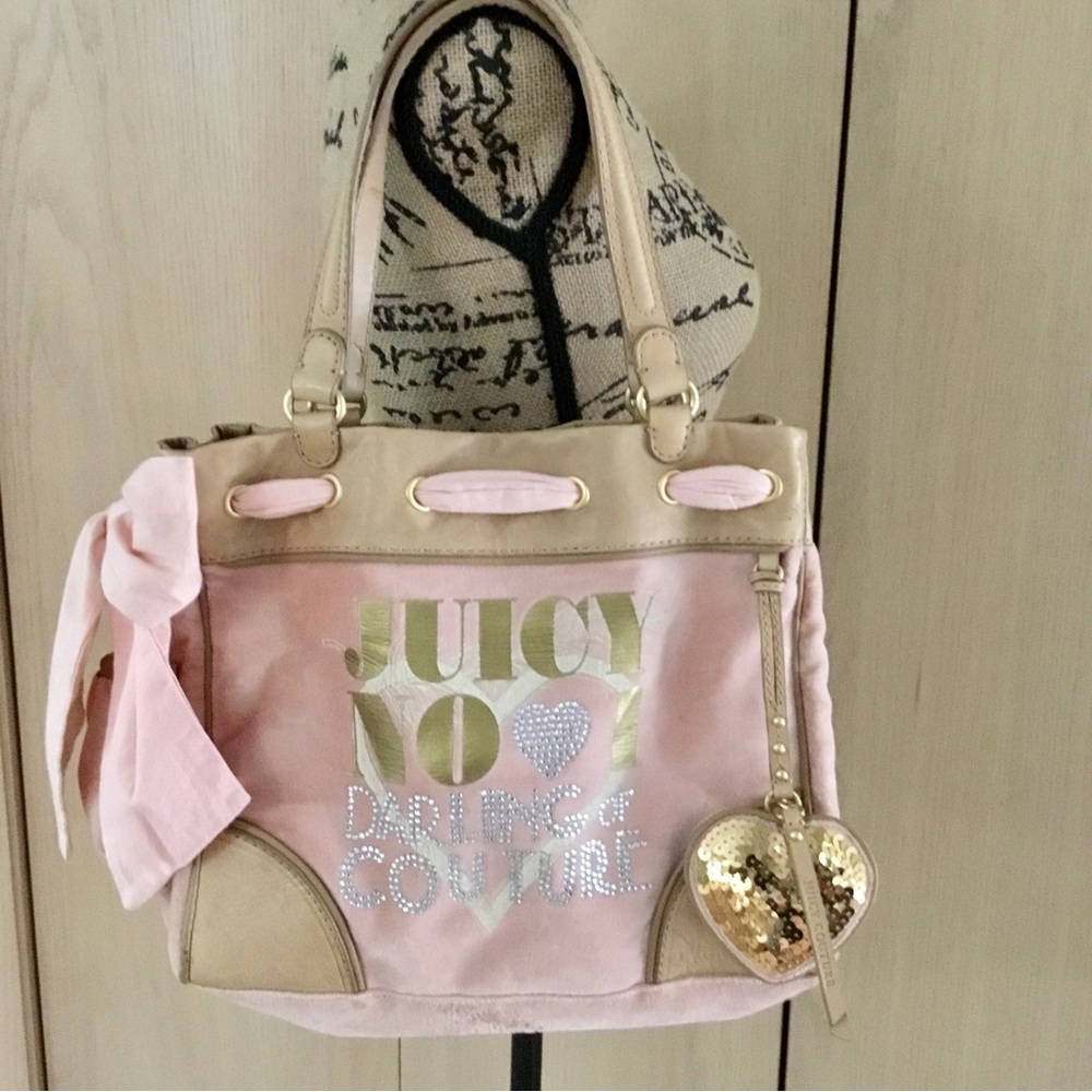Juicy Couture Pink and Beige Logo Satchel with Sequin Heart Charm